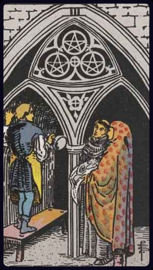 Cartea de Tarot Trei de Monede (Pentagrame)