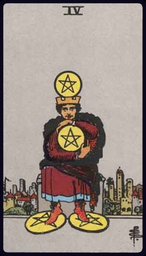 Cartea de Tarot Patru de Monede (Pentagrame)