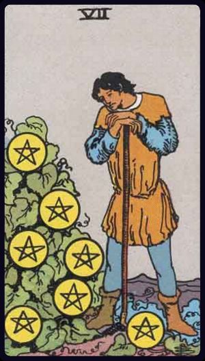 Cartea de Tarot Șapte de Monede (Pentagrame)