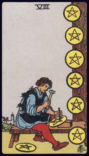 Cartea de Tarot Opt de Monede (Pentagrame)
