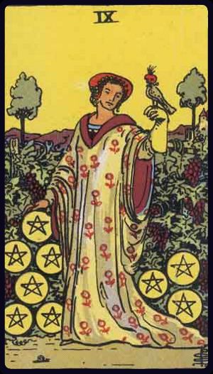 Cartea de Tarot Nouă de Monede (Pentagrame)