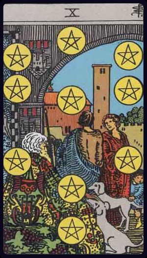 Cartea de Tarot Zece de Monede (Pentagrame)