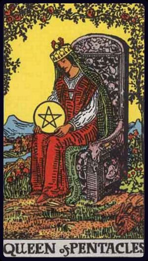 Cartea de Tarot Regina de Monede (Pentagrame)